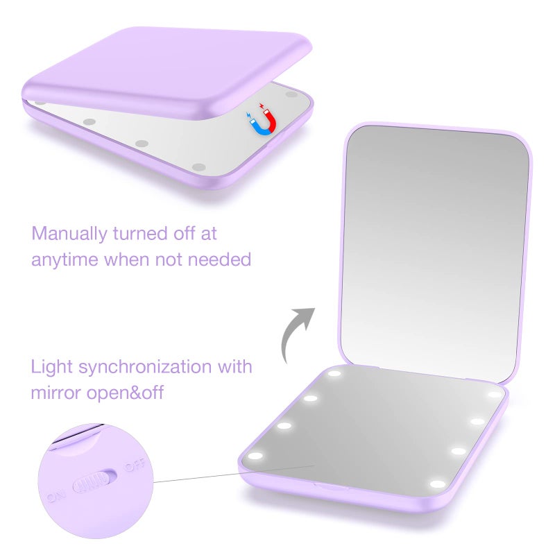 Wobsion Small Mirror With Lights Led Compact Makeup Mirror 1X/3X Mini Travel Mirror With Magnification Portable Hand Held Mirror For Purse Pocket Gifts For Girls Purple - Image 3