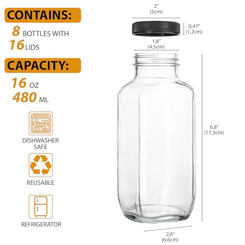 umud Juice Bottles with Lids, 16 Oz - Set of 8 - Clear Glass Jars with Caps - Reusable Empty Drink Containers for Juicing, Smoothies, Water, Milk, Kombucha Storage, Wellness Shots and More (8) - Image 2