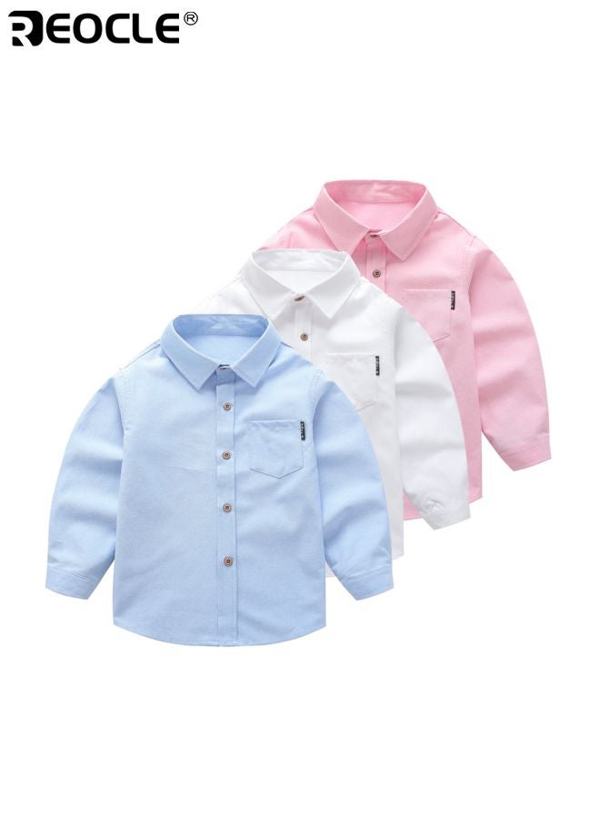 ريوكل قميص طويل الأكمام للأطفال بتصميم مزود بأزرار وقماش قطن مخلوط، قميص رسمي به جيب على الصدر للزي المدرسي الرسمي - Image 3