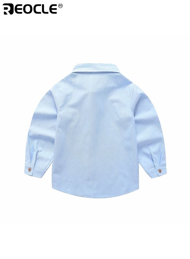 ريوكل قميص طويل الأكمام للأطفال بتصميم مزود بأزرار وقماش قطن مخلوط، قميص رسمي به جيب على الصدر للزي المدرسي الرسمي - Image 2