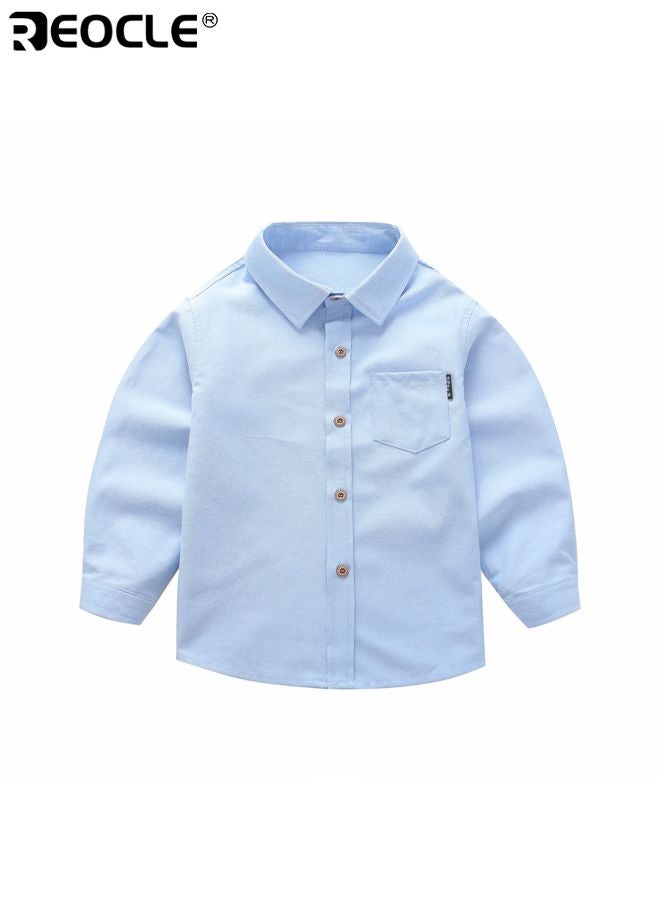 ريوكل قميص طويل الأكمام للأطفال بتصميم مزود بأزرار وقماش قطن مخلوط، قميص رسمي به جيب على الصدر للزي المدرسي الرسمي - Image 1