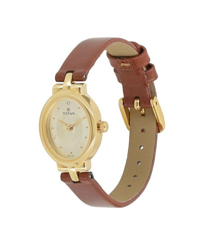 Titan Quartz Analog Champagne Dial Leather Strap Watch for Women 2594yl01 - Image 2
