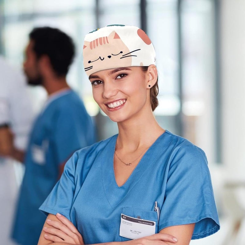 Adjustable 4 Packs Cute Black Cats and Flowers (45) Scrub Cap, Working Hat Hair Cover with Ponytail Pouch - Image 5