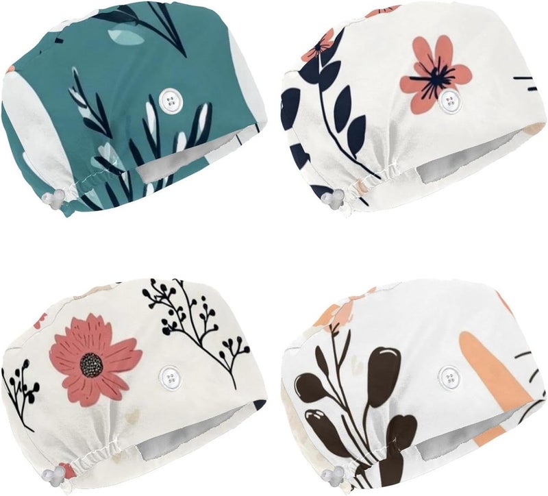 Adjustable 4 Packs Cute Black Cats and Flowers (45) Scrub Cap, Working Hat Hair Cover with Ponytail Pouch - Image 1