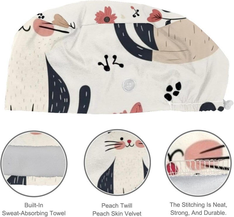 Adjustable 4 Packs Cute Black Cats and Flowers (45) Scrub Cap, Working Hat Hair Cover with Ponytail Pouch - Image 4