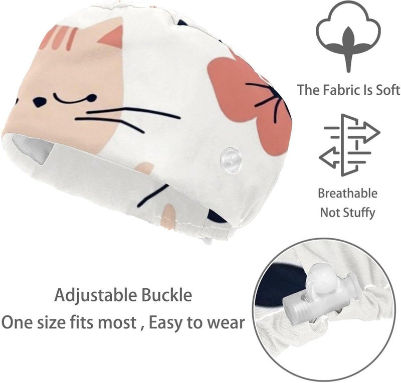 Adjustable 4 Packs Cute Black Cats and Flowers (45) Scrub Cap, Working Hat Hair Cover with Ponytail Pouch - Image 3