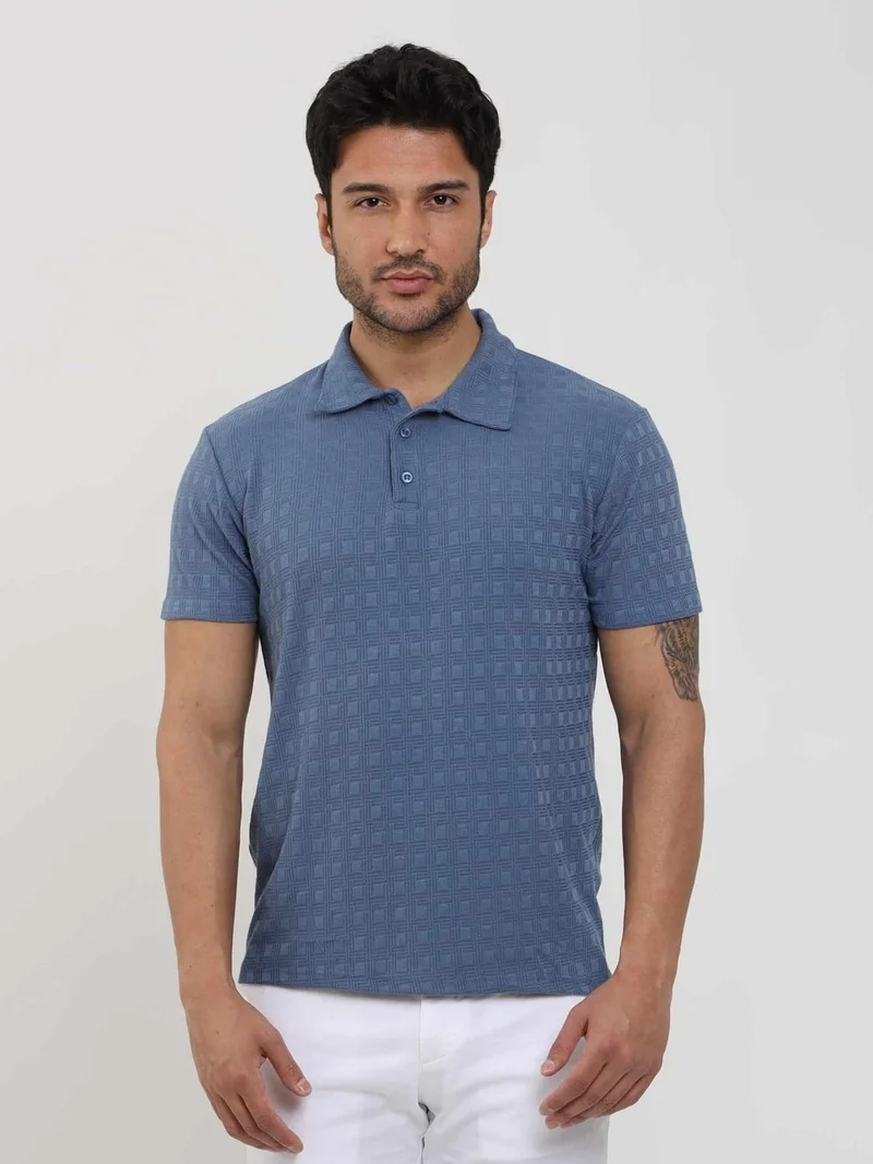 Dufy Indigo Men's Slim Fit Jacquard Polo Neck Tshirt - 105224