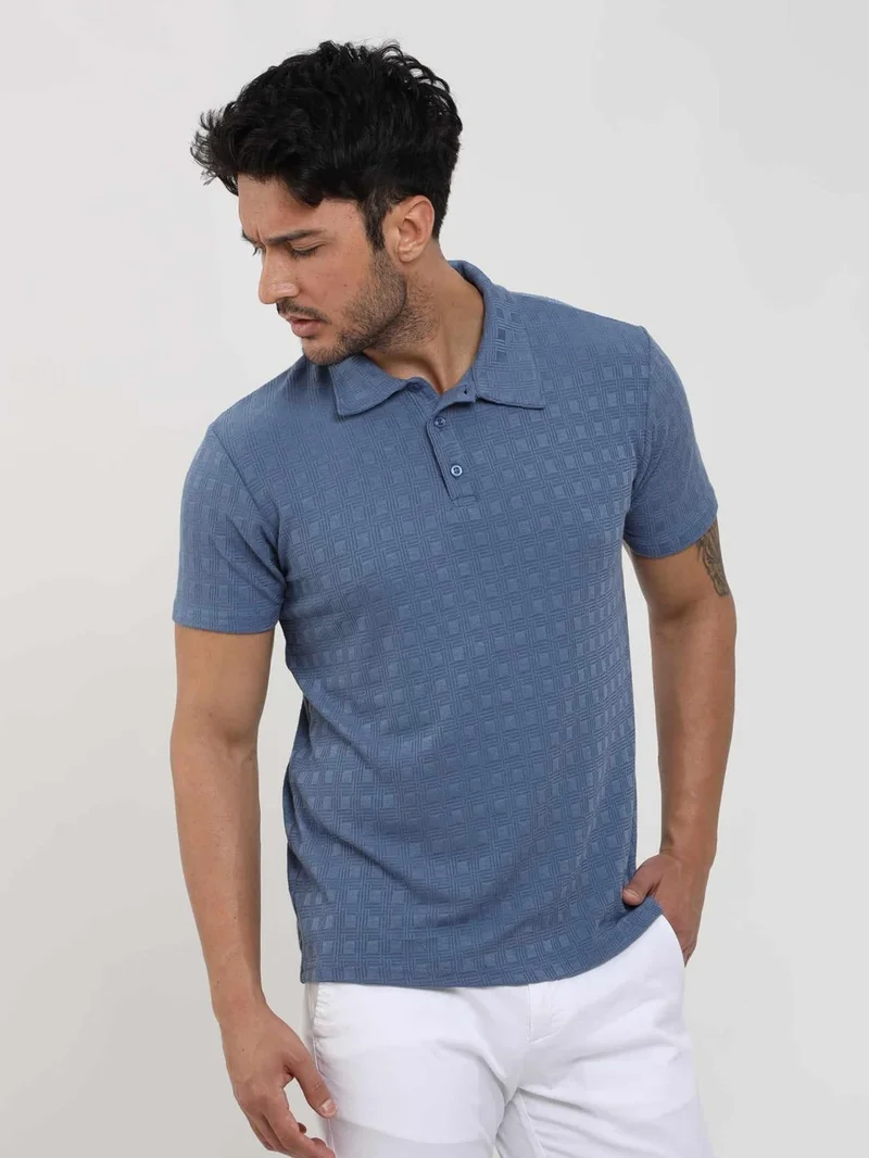 Dufy Indigo Men's Slim Fit Jacquard Polo Neck Tshirt - 105224
