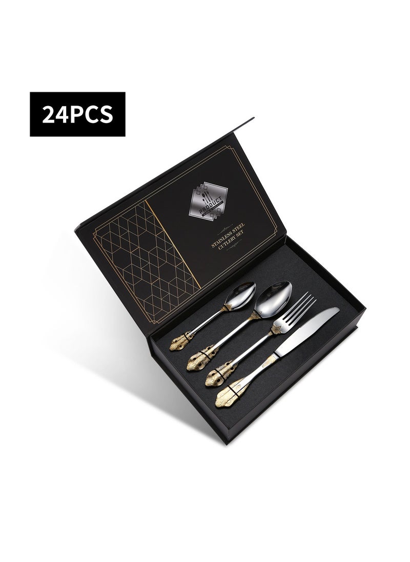 XiuWoo - Gorgeous Cutlery Set Part Gold Knife Fork Spoon Stainless Steel Flatware Silverware 24 Pieces Tableware Service for 6 Packed in a Gift Box Dishwasher Safe Antipasto Cappuccino - Image 1