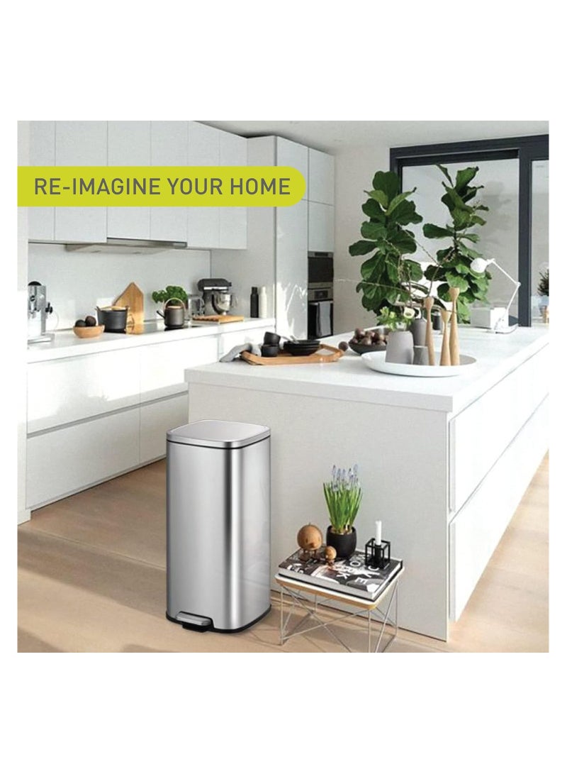 EKO EKO 30L Square Step Bin Stella - Silver | Large Pedal Bin with Soft-Close Lid | Fingerprint-Resistant Finish | Removable Inner Liner  - Image 4