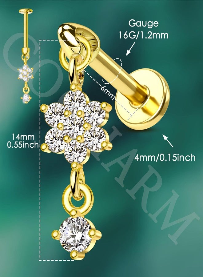 كوتشارم أقراط غضروفية ذهبية بتصميم زهرة عمودية من كوشارم، مقاس 16G، بتصميم رصاصة وظهر مسطح، متدلية 6 مم، مناسبة لثقب شحمة الأذن، للنساء - Image 3