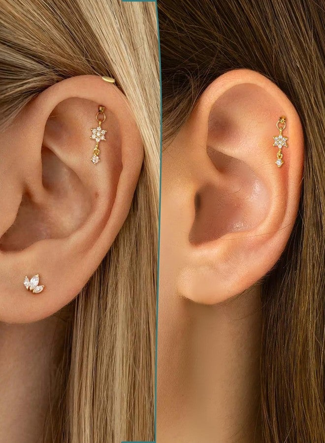 كوتشارم أقراط غضروفية ذهبية بتصميم زهرة عمودية من كوشارم، مقاس 16G، بتصميم رصاصة وظهر مسطح، متدلية 6 مم، مناسبة لثقب شحمة الأذن، للنساء - Image 2