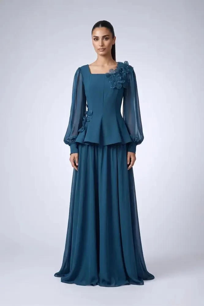 Opera Fashion Turquoise Evening Set with 3D Crystal Flowers