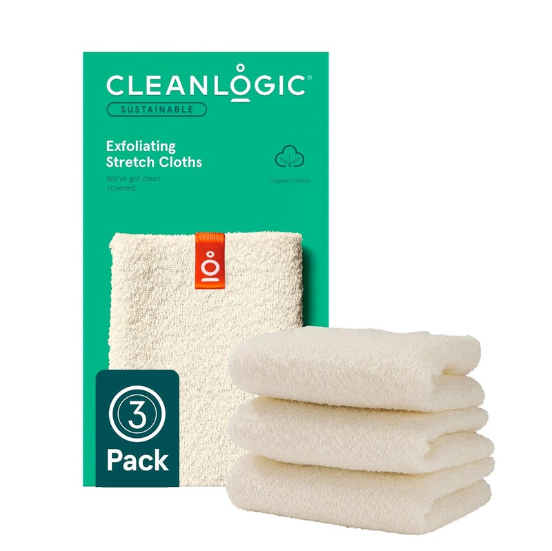 Clean Logic Body Exfoliating Cloth, Stretchy Organic Sustainable Cotton Exfoliator Bath and Shower Washcloths, Reusable Daily Skincare Tool, 3 Count - Image 1
