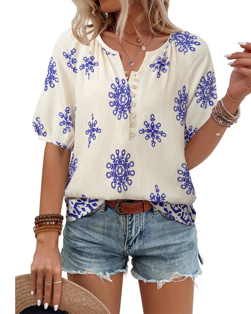 Unixseque Women Tops Dressy Casual: Short Sleeve Dressy Shirts Summer Spring V Neck Paisley Print - Hawaiian Shirts for Women - Cute Top Summer Clothes Ladies Tops and Blouses - Image 1