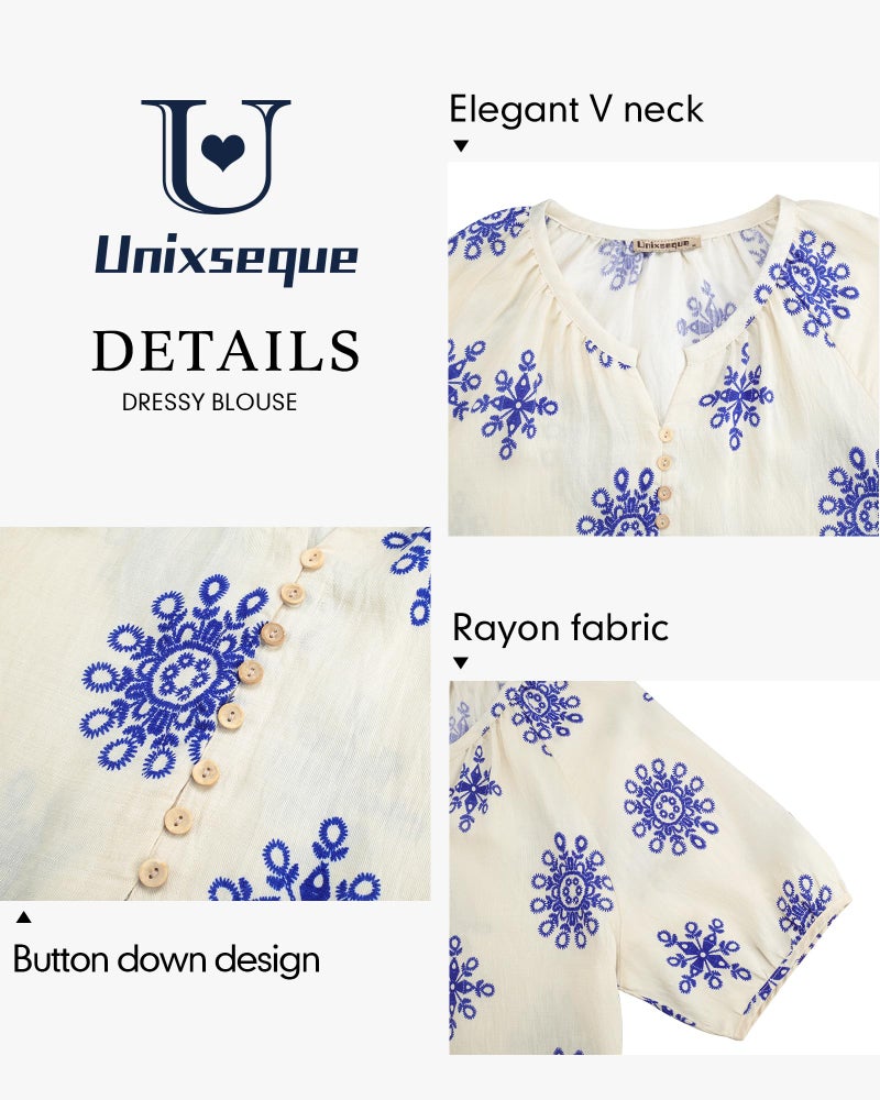 Unixseque Women Tops Dressy Casual: Short Sleeve Dressy Shirts Summer Spring V Neck Paisley Print - Hawaiian Shirts for Women - Cute Top Summer Clothes Ladies Tops and Blouses - Image 5