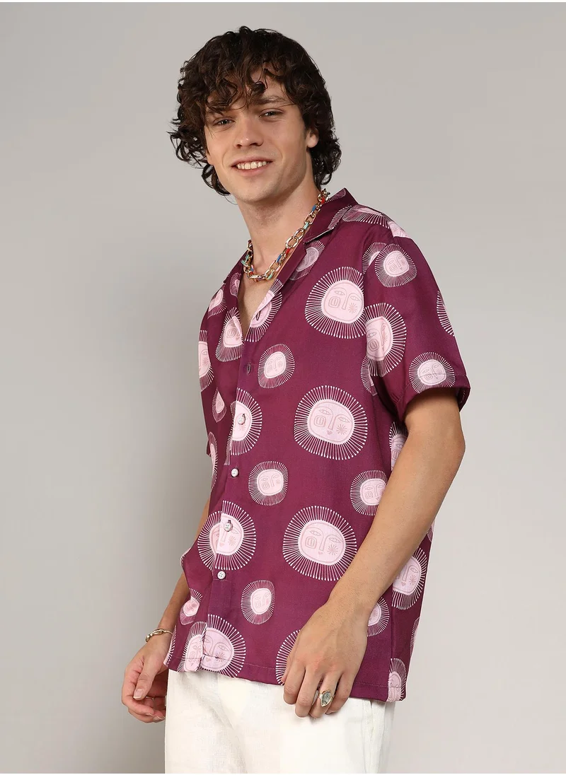 Campus Sutra Men's Wine Red Relaxed Face Shirt