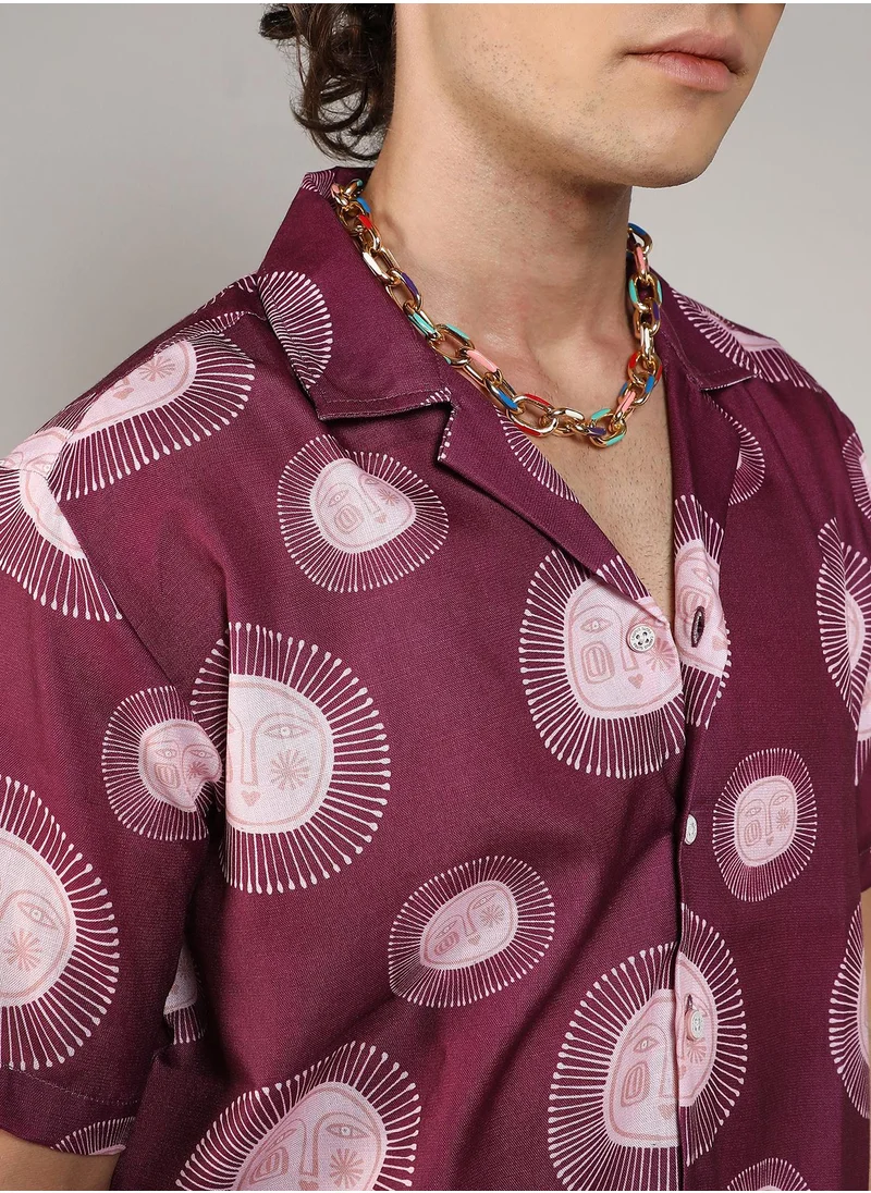 Campus Sutra Men's Wine Red Relaxed Face Shirt