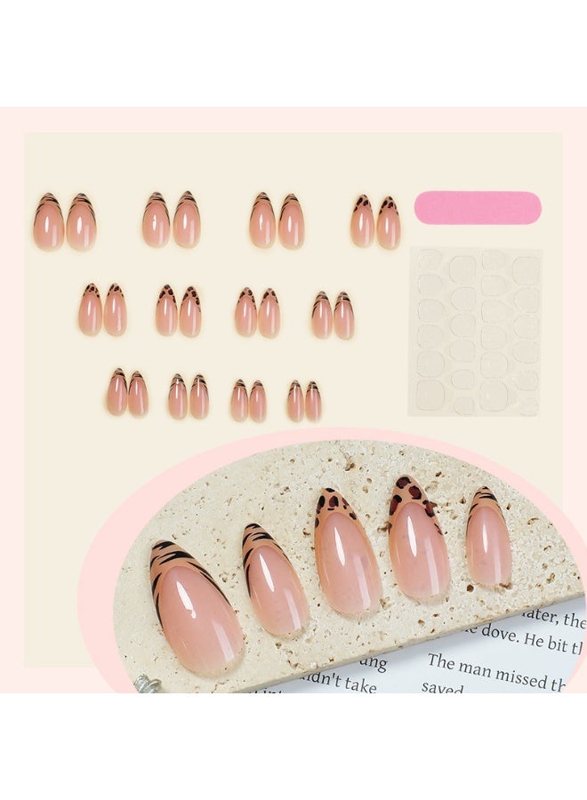 Leopard Print Press on Nails Nude Medium Fake French Nails Tips Full Cover Almond False Nails for Women 24PCS - Image 1