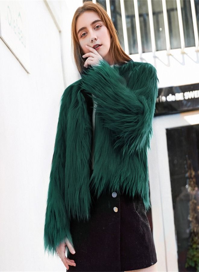 Loquat Women's Solid Color Wash Imitation Fur Short Coat Green  - Image 1