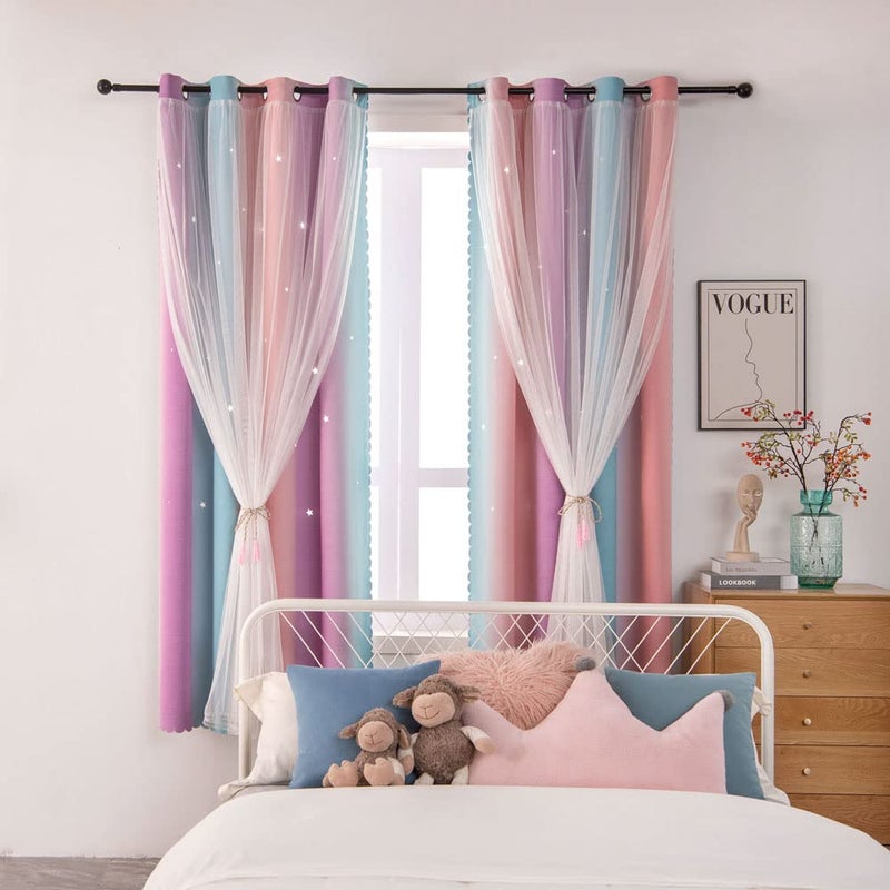 ZHUHAN Ombre Rainbow Blackout Curtains for Kid Girls Bedroom Living Room Darking Stripe Double Layer Star Cut Out Wall Home Decor Gradient Grommet Window Curtains(Pink Purple 52W x 63L - Image 5