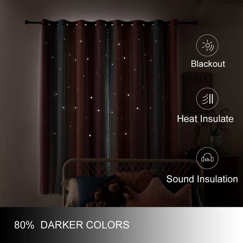 ZHUHAN Ombre Rainbow Blackout Curtains for Kid Girls Bedroom Living Room Darking Stripe Double Layer Star Cut Out Wall Home Decor Gradient Grommet Window Curtains(Pink Purple 52W x 63L - Image 3