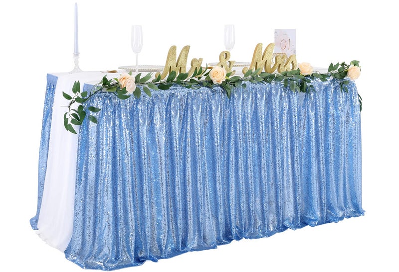 6ft Baby Blue Sequin Table Skirt for Round Rectangle Square Table Sparkly Table Skirt for Birthday Party Family Baby Shower