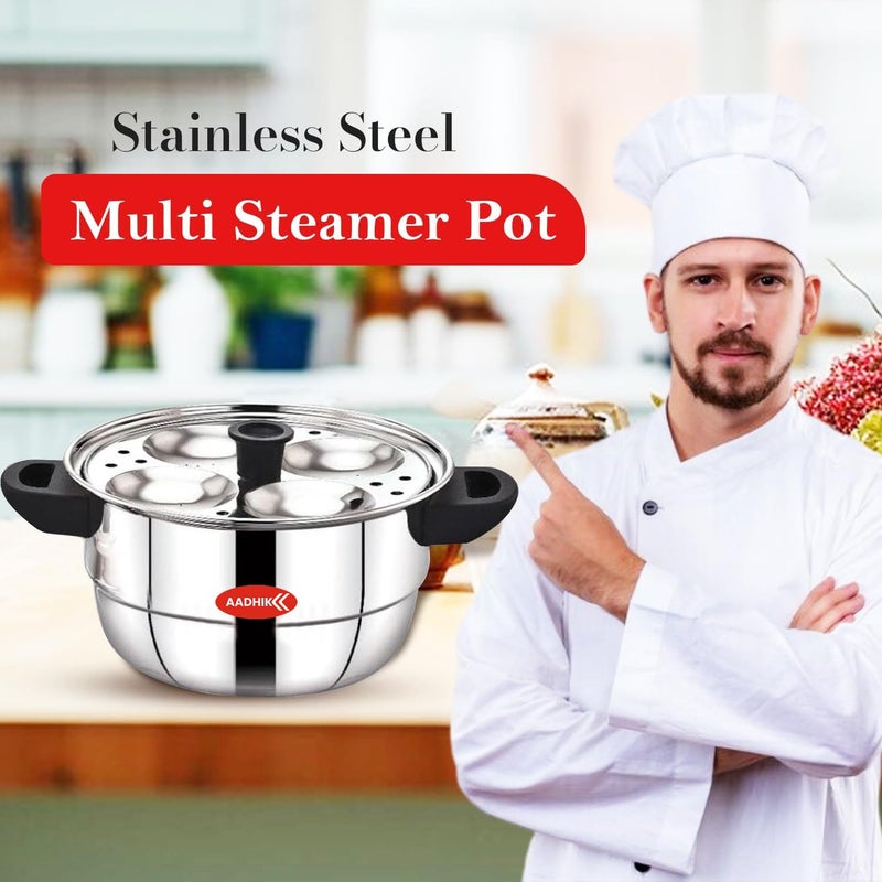AADHIK Idli Maker Stainless Steel Idli Cooker Idli Steamer Idly Pot Dhokla Maker and Mini Idli Plate Silver 12 Idli 5 Plate Idli Kadai - Image 2