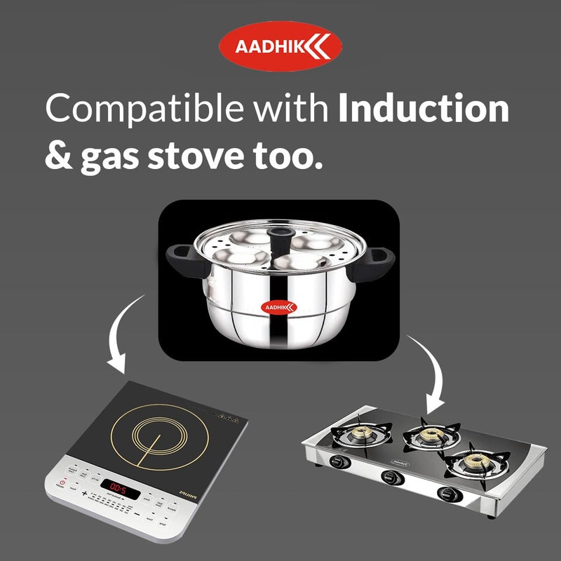 AADHIK Idli Maker Stainless Steel Idli Cooker Idli Steamer Idly Pot Dhokla Maker and Mini Idli Plate Silver 12 Idli 5 Plate Idli Kadai - Image 5