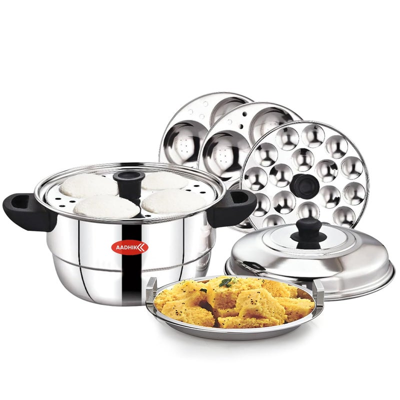 AADHIK Idli Maker Stainless Steel Idli Cooker Idli Steamer Idly Pot Dhokla Maker and Mini Idli Plate Silver 12 Idli 5 Plate Idli Kadai - Image 1