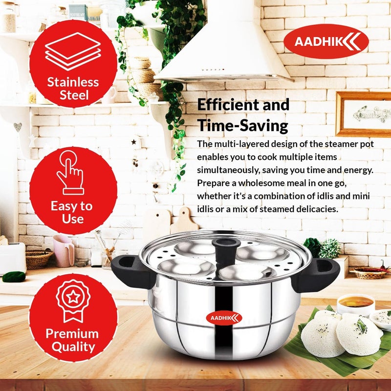 AADHIK Idli Maker Stainless Steel Idli Cooker Idli Steamer Idly Pot Dhokla Maker and Mini Idli Plate Silver 12 Idli 5 Plate Idli Kadai - Image 3