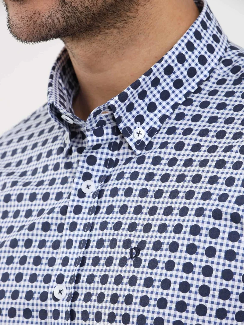 دوفي Navy Blue Men's Slim Fit Polka Dot Brent Button Collar Long Sleeve Shirt - 104349