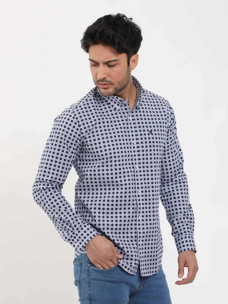 دوفي Navy Blue Men's Slim Fit Polka Dot Brent Button Collar Long Sleeve Shirt - 104349