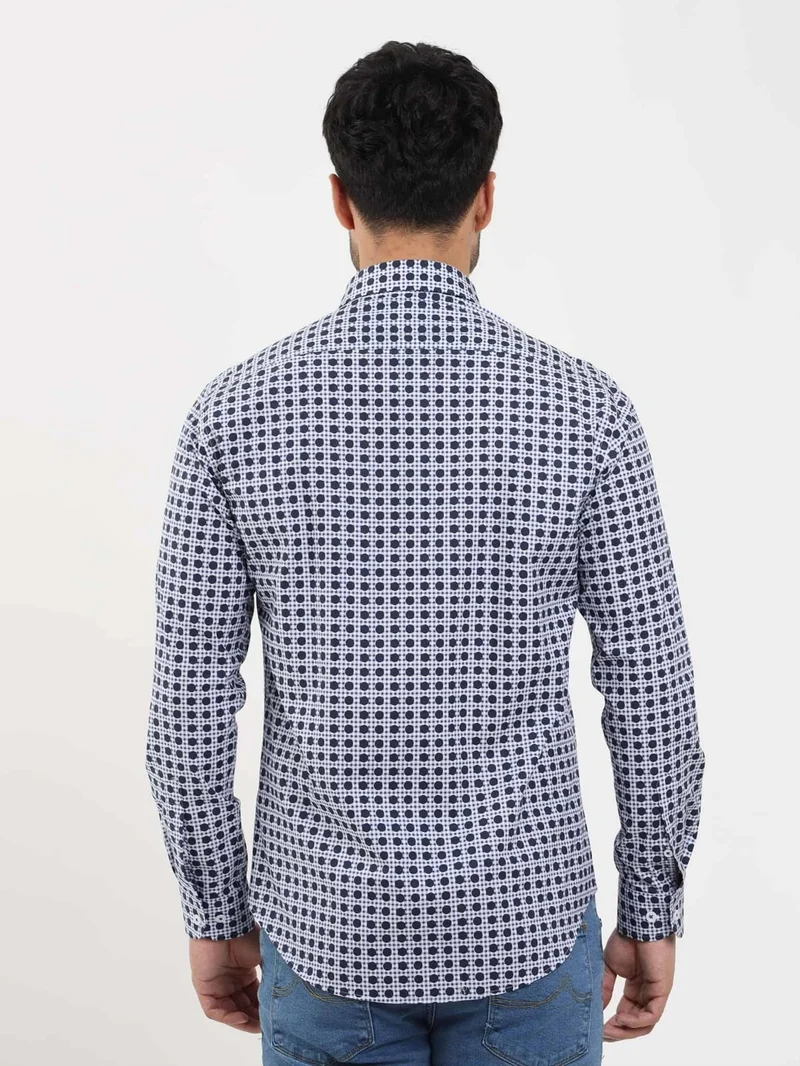 دوفي Navy Blue Men's Slim Fit Polka Dot Brent Button Collar Long Sleeve Shirt - 104349