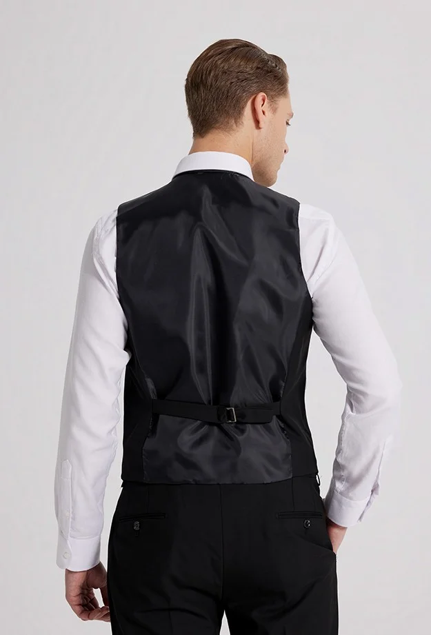 D'S DAMAT D'S Groom Slim Fit Black Mono Collar Double Slit Lined Suit with Vest 4HFY5ORT01599