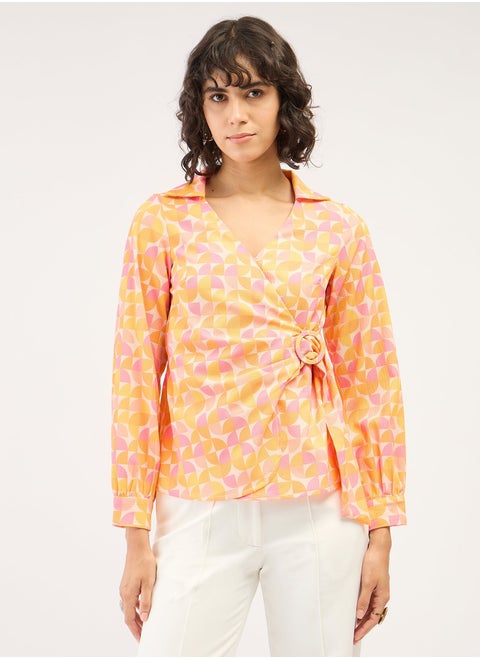 Women's Multi-Color Geometric Pattern Top with Collared V-Neckline, Side Wrap Buckled Tie-Up, and Full-Length Cuffed Sleeves for a Modern, Sophisticated Look
