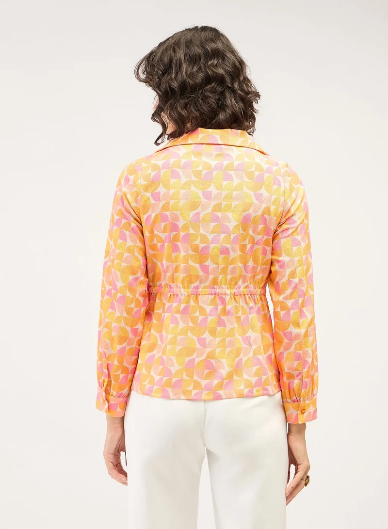 Salt Attire Women's Multi-Color Geometric Pattern Top with Collared V-Neckline, Side Wrap Buckled Tie-Up, and Full-Length Cuffed Sleeves for a Modern, Sophisticated Look