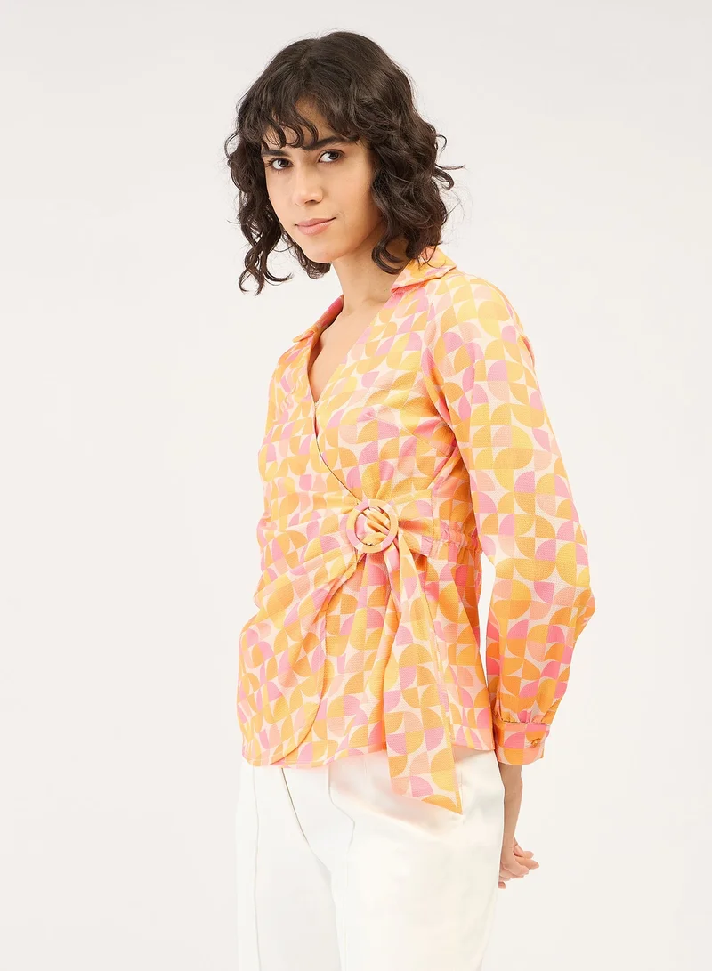 Salt Attire Women's Multi-Color Geometric Pattern Top with Collared V-Neckline, Side Wrap Buckled Tie-Up, and Full-Length Cuffed Sleeves for a Modern, Sophisticated Look