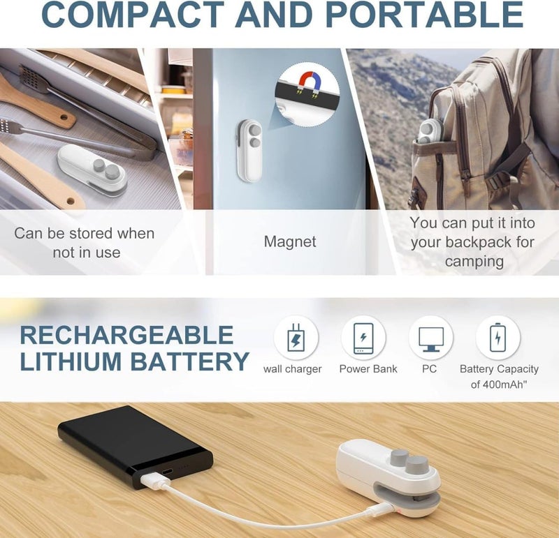 Portable Mini Sealer Machine 2 in 1 USB Rechargeable Magnetic Bag Sealing Machine Sealing Machine Plastic Bag Sealing Machine Multicolor (White) - Image 1