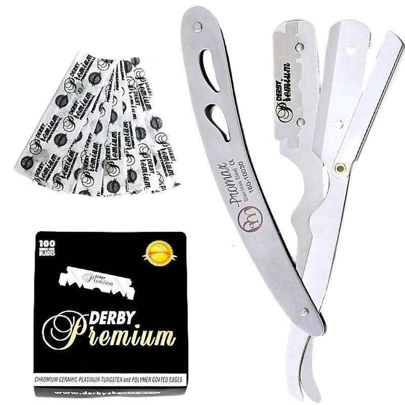 ProMax Steel Barber Razor  Professional Straight Edge Razor with 100 Derby Blades for Close Clean Shaves  Ideal for Sensitive Skin