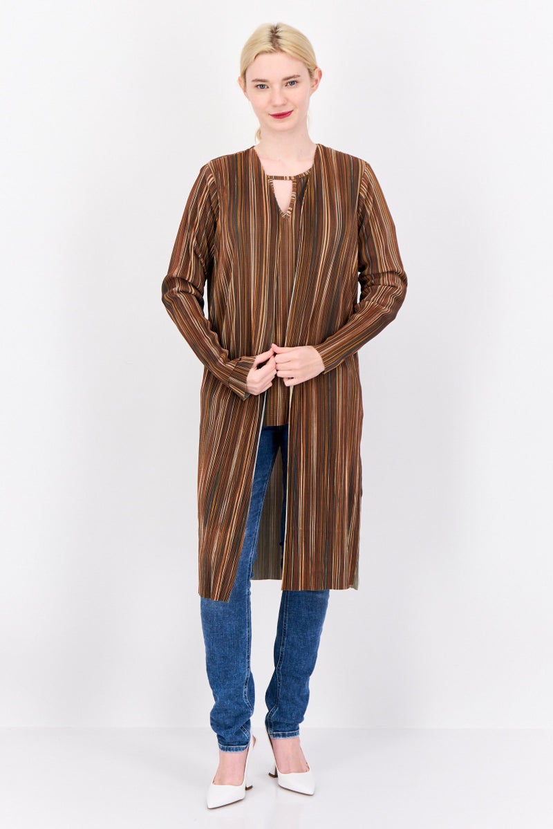 Cyrus Women Split Neck Textured Cardigan, Brown  - Image 1