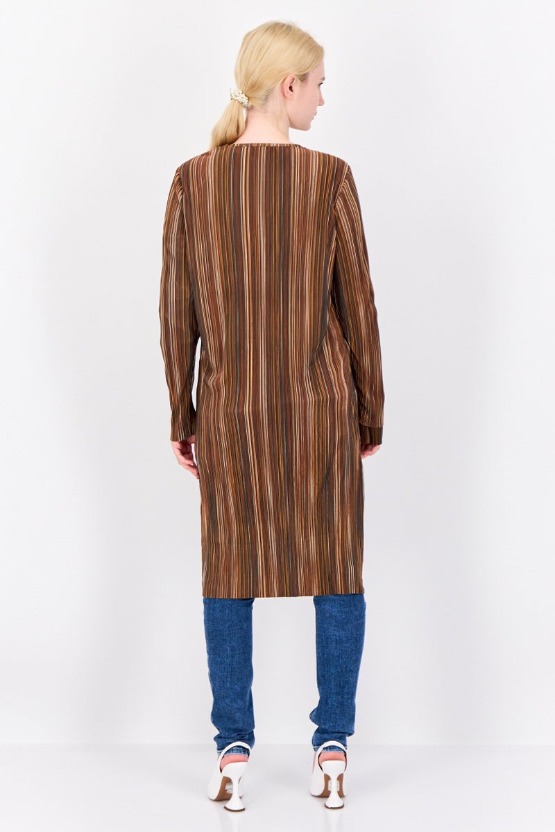 Cyrus Women Split Neck Textured Cardigan, Brown  - Image 3