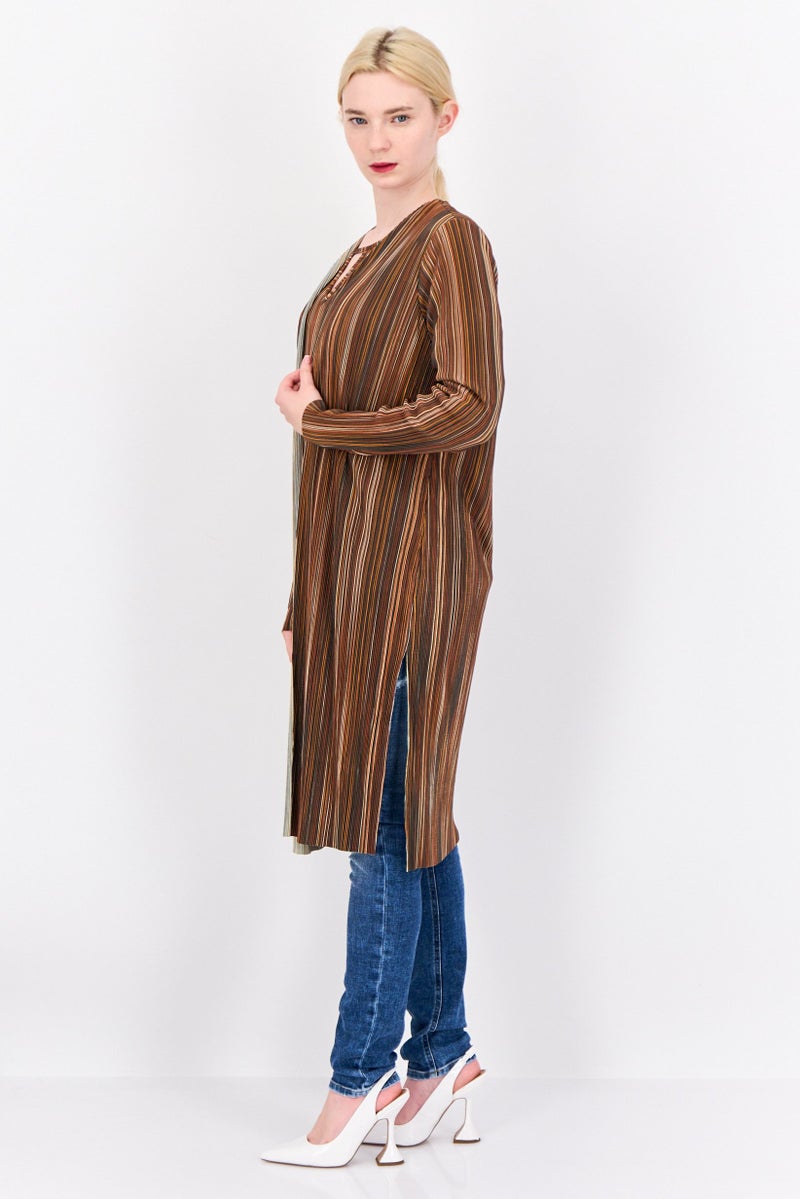 Cyrus Women Split Neck Textured Cardigan, Brown  - Image 2
