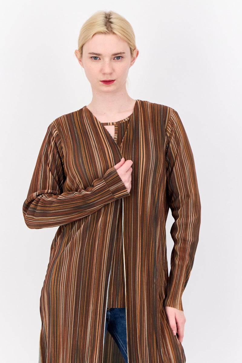 Cyrus Women Split Neck Textured Cardigan, Brown - Image 4