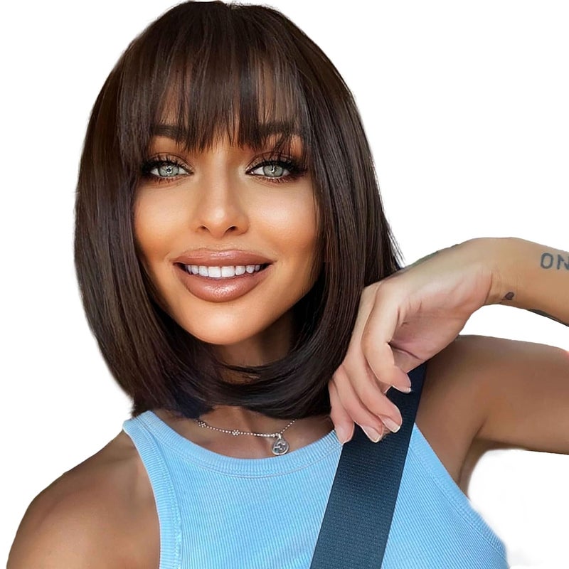 EMMOR Dark Brown Bob Wigs for Women Shoulder Length Synthetic Wig with Fringe Bangs High Heat Resistant WigDark Brown