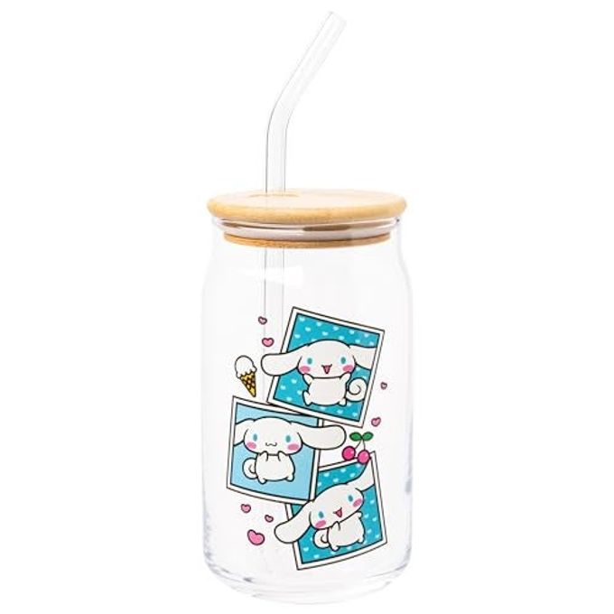 Silver Buffalo Sanrio Hello Kitty and Friends Cinnamoroll Polaroids Glass Jar Tumbler with Bamboo Lid and Glass Straw, 16 Ounces