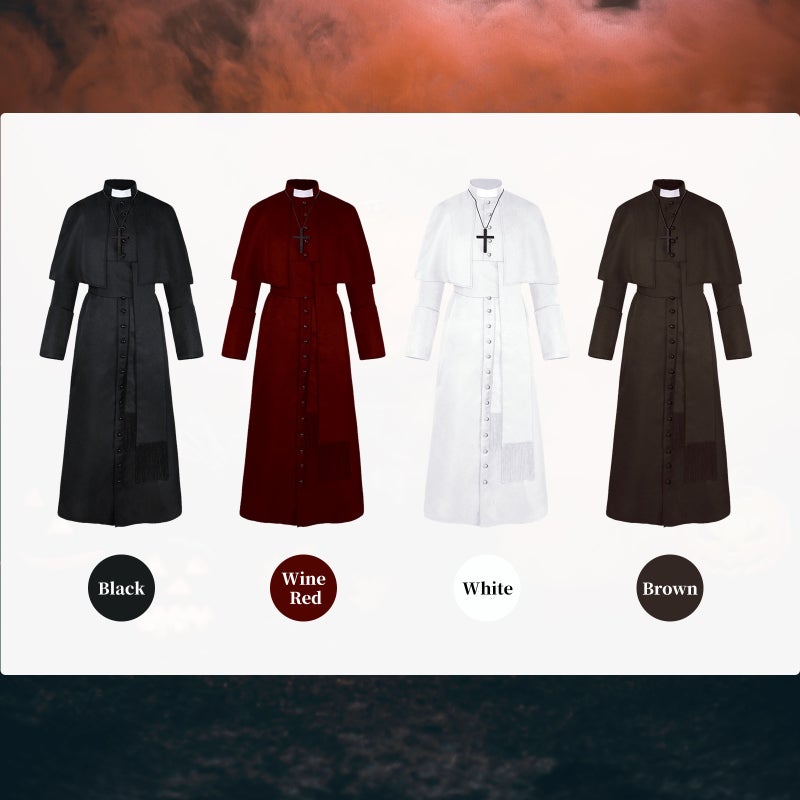 Halloween Priest Costume With Cross Necklace Unisex Men Women Solid Long Father Vicar Fancy Dress Outwear Medieval Priest Cosplay Costumes Halloween Party Props - Image 2