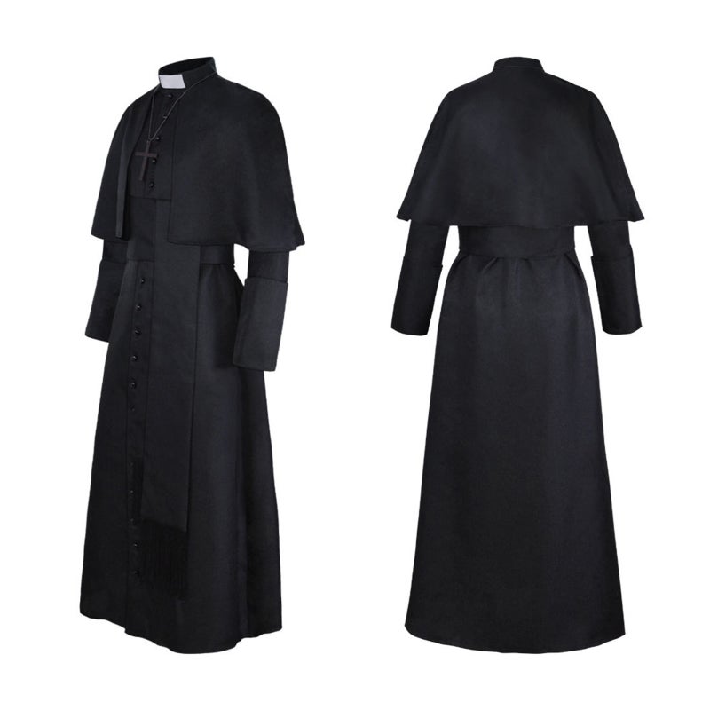 Halloween Priest Costume With Cross Necklace Unisex Men Women Solid Long Father Vicar Fancy Dress Outwear Medieval Priest Cosplay Costumes Halloween Party Props - Image 4