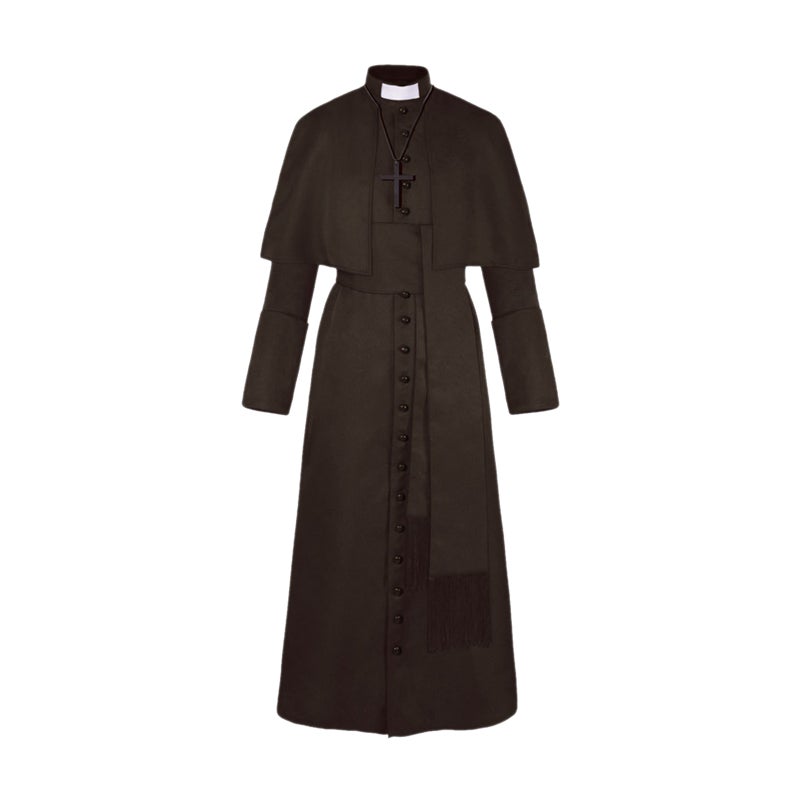 Halloween Priest Costume With Cross Necklace Unisex Men Women Solid Long Father Vicar Fancy Dress Outwear Medieval Priest Cosplay Costumes Halloween Party Props - Image 1