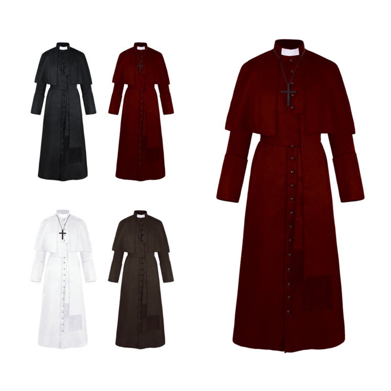 Halloween Priest Costume With Cross Necklace Unisex Men Women Solid Long Father Vicar Fancy Dress Outwear Medieval Priest Cosplay Costumes Halloween Party Props - Image 3